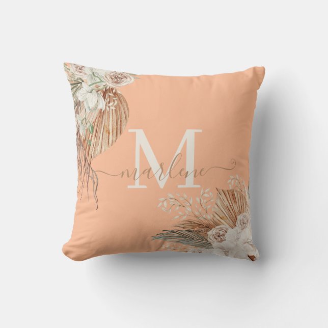 Coussin Bouquet aquarelle boho Monogrammé Fuzz pêche  (Recto)