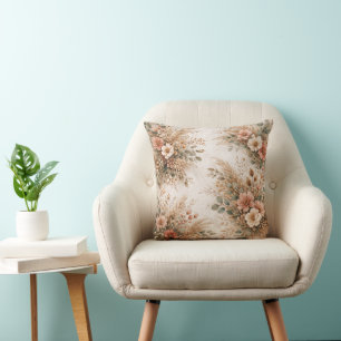 Coussin Bouquet Bohème de Pampas aux Teintes Roses et Crèm