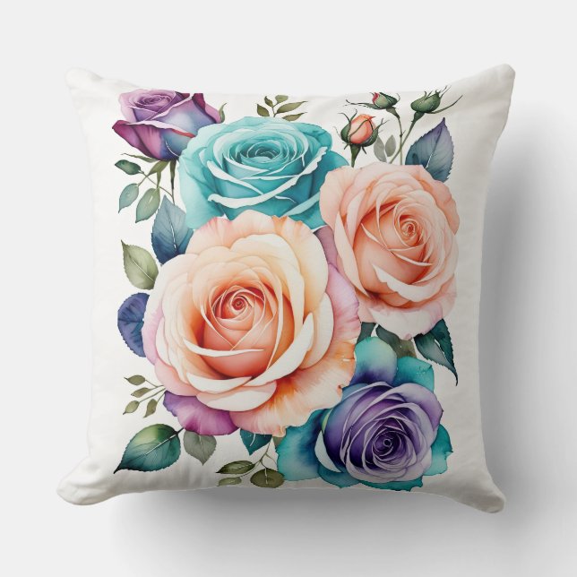 Coussin Bouquet d'aquarelle Rainbow Roses (Recto)