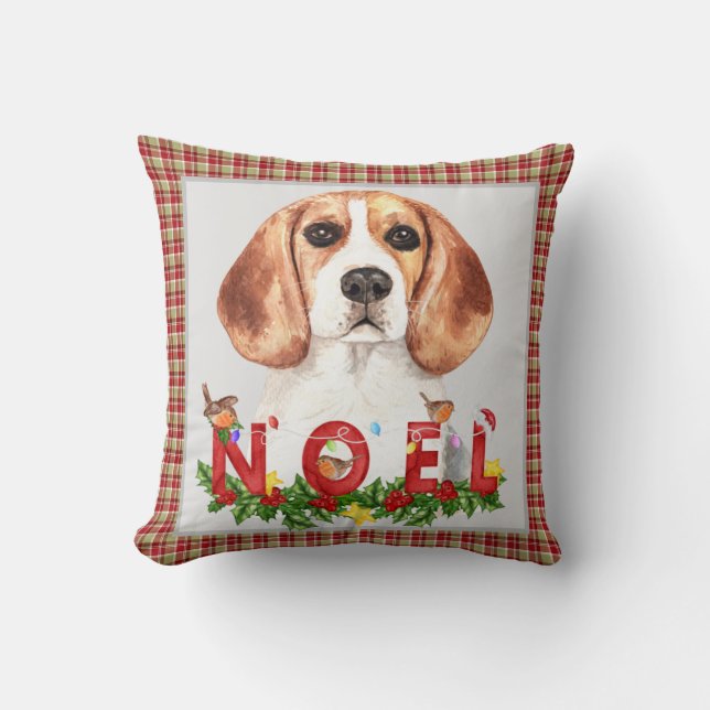 Coussin Bouquet de Beagle d'aquarelle et Noël (Recto)
