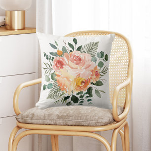 Coussin Bouquet de fleurs à l'aquarelle rose pêche rustiqu