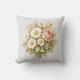 Coussin Bouquet de fleurs Roses et Marguerites Vintage