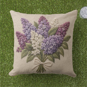 Coussin Bouquet de lilas brodé – Lin à faux broderie