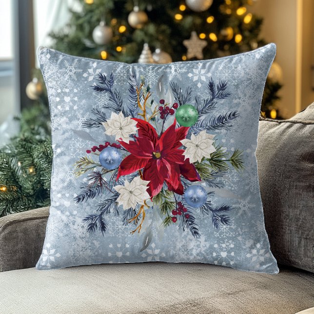 Coussin Bouquet de Noël Dusty Blue Poinsettia (Créateur téléchargé)