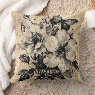 Coussin Bouquet de papillon d'hibiscus sépia vintage