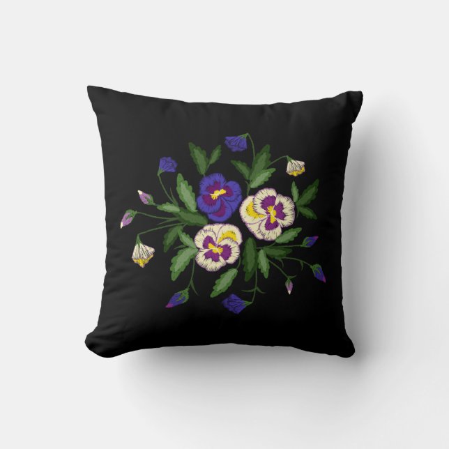 Coussin Bouquet de pensées brodées violet bleu blanc (Recto)
