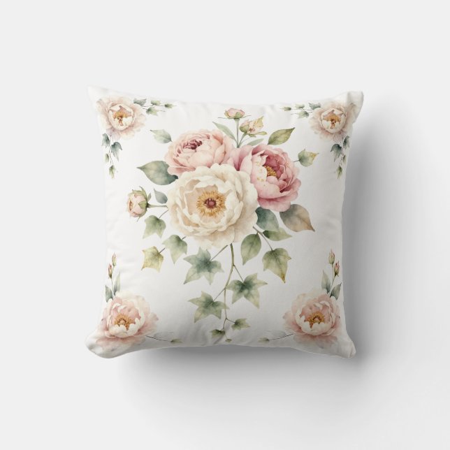 Coussin Bouquet de Pivoines Douces Élégance Aquarelle (Recto)