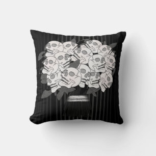 Coussin Bouquet de roses de crânes noir et blanc