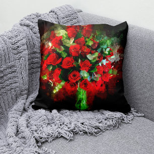 Coussin Bouquet de roses rouges aquarelle sur fond noir