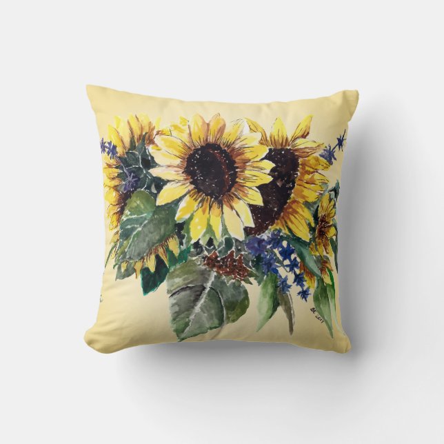 Coussin Bouquet de tournesol sur jaune pâle (Recto)