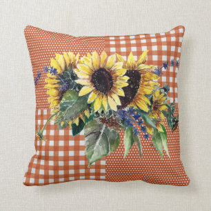 Coussin Bouquet de tournesol sur Orange brûlé En vichy Mot