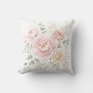 Coussin Bouquet floral aquarelle rose poudré et champagne