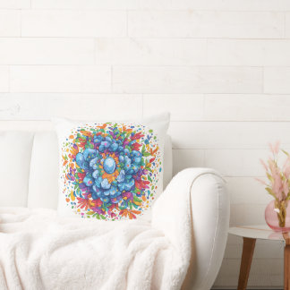 Coussin Bouquet floral bleu aquarelle vibrant 