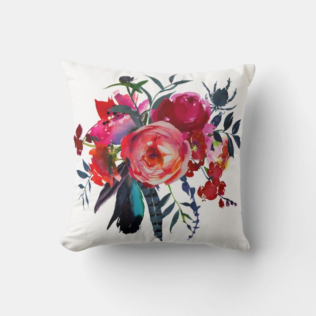 Coussin Bouquet floral boho chic marine rouge (Recto)