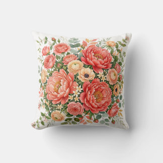 Coussin Bouquet floral élégant de pivoines corail et pêche