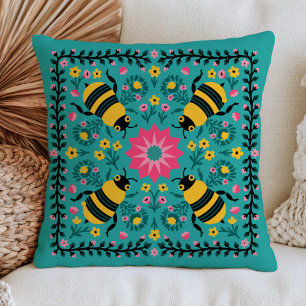 Coussin Bourdons jaunes sur Cottagecore floral bleu