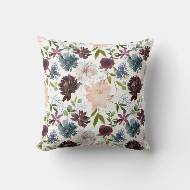 Coussin Bourgogne, Blush et Navy Floral (Recto)