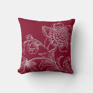 Coussin Bourgogne et fleurs grises en fleurs
