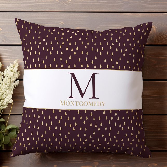 Coussin Bourgogne Gold Raindrop Moderne Monogramme tendanc (Créateur téléchargé)