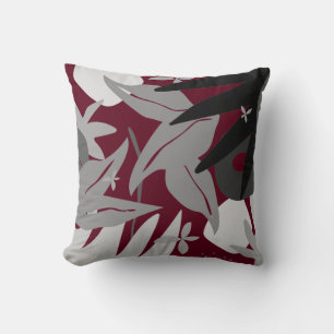 Coussin Bourgogne & Gris Artistique Botanique Abstraite