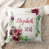 Coussin Bourgogne Rouge Élégant Floral 50e Anniversaire (Couverture)