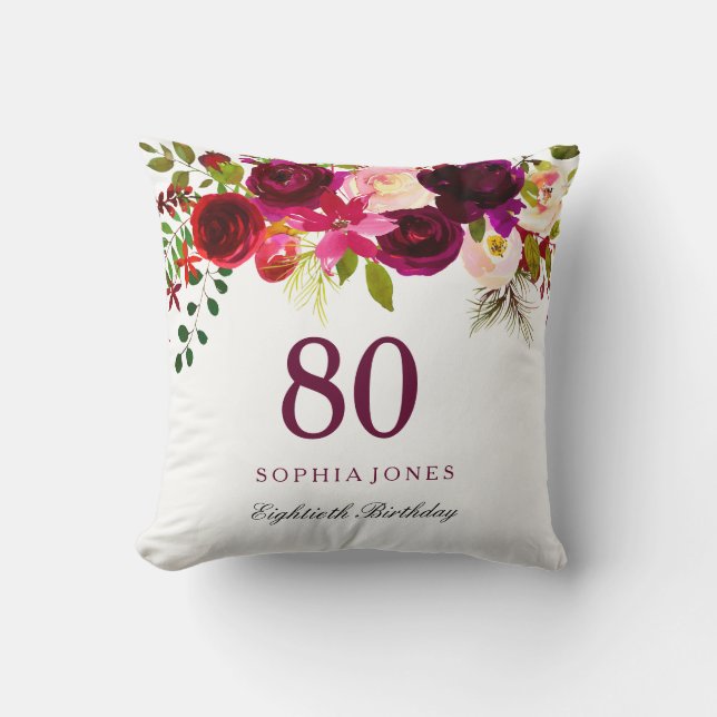 Coussin Bourgogne Rouge Floral Boho 80e anniversaire Cadea (Recto)