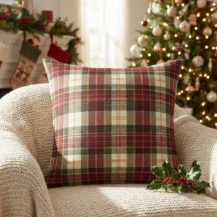 Coussin Bourgogne Rouge & Vert Plaid de Noël Traditionnel
