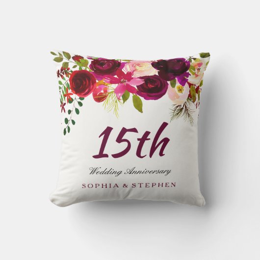 Coussin Bourgogne Ruby Rouge Floral 15e anniversaire Maria (Recto)