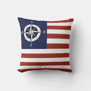 Coussin Boussole nautique / Bande du drapeau américain  
