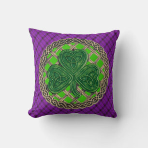 Coussin Boutons Celtiques Shamrocks Vertes Sur Plaid Viole