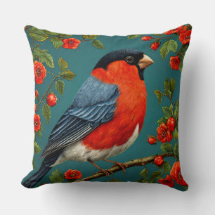 Coussin Bouvreuil d'hiver sur Branche Givrée – Paysage Ser