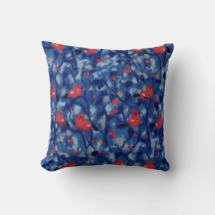 Coussin Bouvreuils, oiseaux rouges arbres forestiers bleus