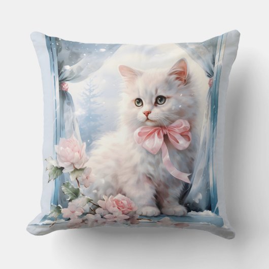Coussin Bow rose chaton blanc (Recto)