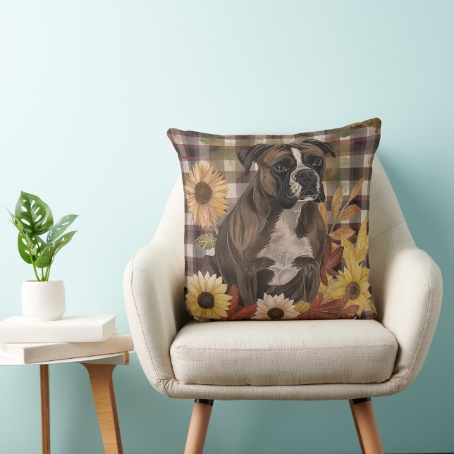 Coussin Boxer Chien Automne Aquarelle Fleurs (Chaise)