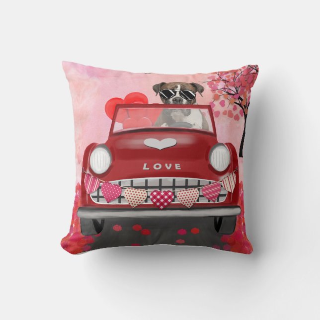 Coussin Boxer Chien voiture avec les coeurs Valentine's (Recto)