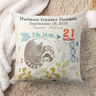 Coussin Boy Nursery Baby Birth Stat Raccoon Arrow Motif