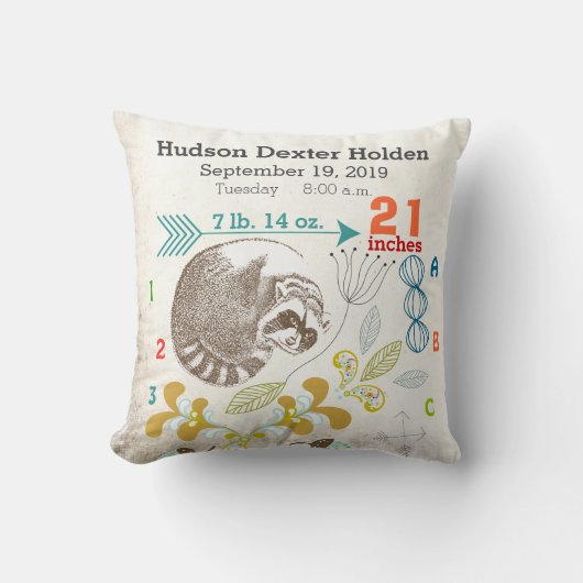 Coussin Boy Nursery Baby Birth Stat Raccoon Arrow Motif (Recto)