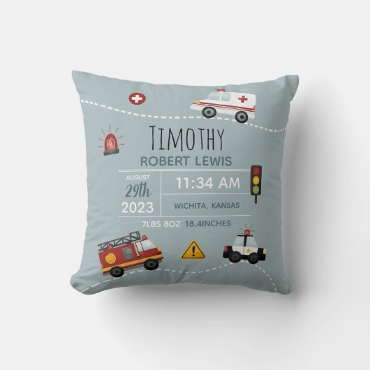 Coussin Boys Cute Blue Transport Birth Stats & Nom (Recto)