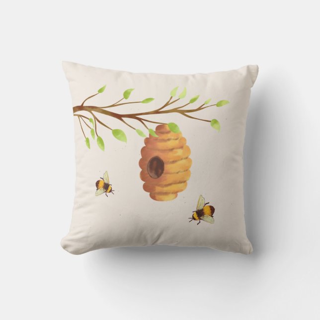 Coussin Branche d'arbre avec des abeilles à miel et des ru (Recto)