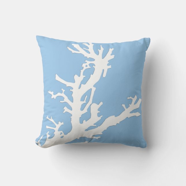 Coussin Branche de corail - blanc sur bleu pâle (Recto)