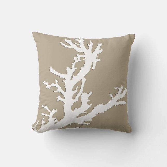 Coussin Branche de corail - blanc sur taupe (Recto)