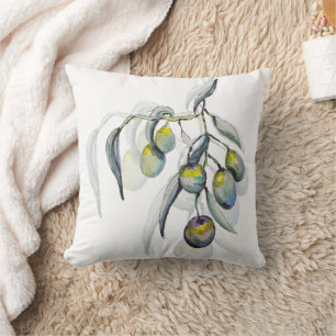 Coussin Branche de olivier bleu boho aquarelle peinte à la