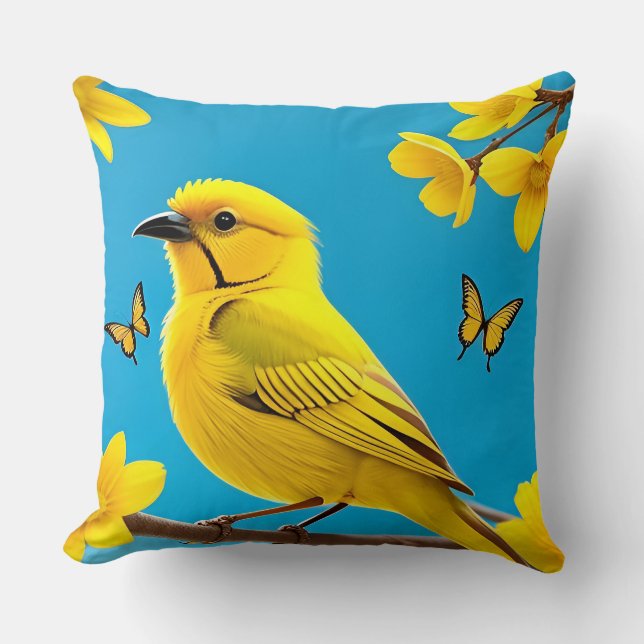 🌿 Coussin Branche Fleurie Oiseau Jaune Décoration (Recto)