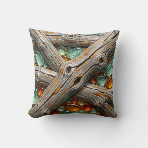 Coussin Branches de bois texturées pierres teintes ambre s