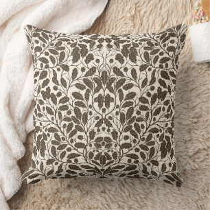 Coussin Branches de chêne et feuilles, motif damassé en br