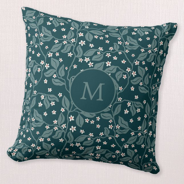 Coussin Branches de Fleur de Pommier Monogramme Botanique  (Apple blossom trailing branches dark teal green monogram initial personalized throw pillow)
