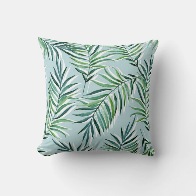 Coussin Branches De Palmier, Aquarelle Sans Fil À Main. (Recto)