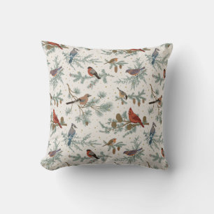 Coussin Branches d'oiseaux et de pins d'hiver Motif