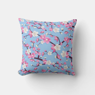 Coussin Branches en fleurs roses sur Arrière - plan bleu c
