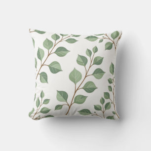 Coussin Branches Feuillues Vert Sage Aquarelle Botanique